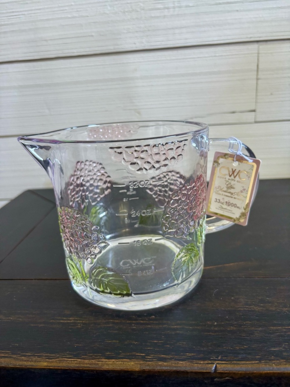 CWC Glass Measuring Cup 33oz ~ 4 Cups Pink HYDRANGEA Design NEW Microwaveable
